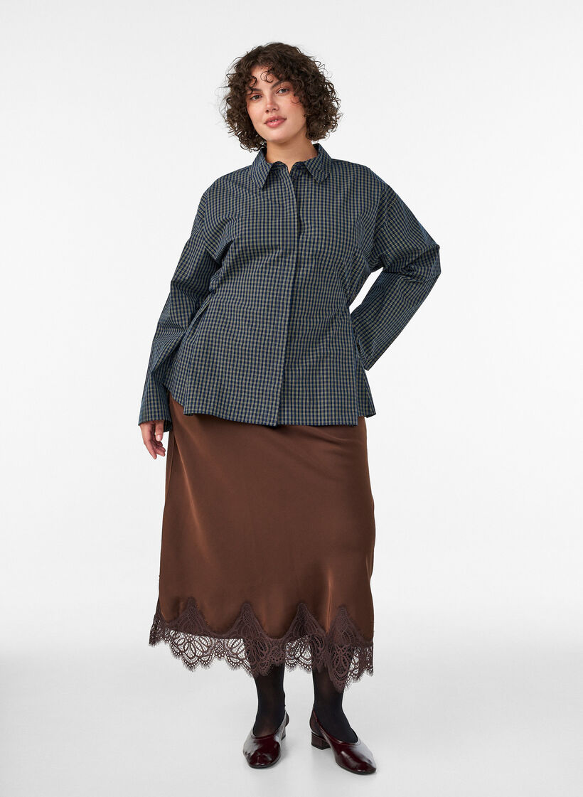 Cotton shirt with a checked pattern and concealed button fastening, Blue, Model image number 1