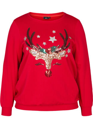 Christmas sweatshirt with sequins, Tango Red, Packshot image number 0