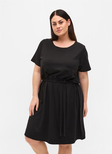 Short sleeve dress with waist belt, Black, Model image number 0
