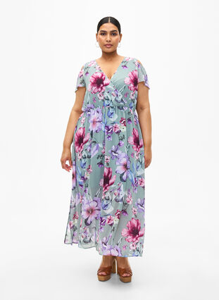 Floral maxi dress with shoulder detail, Chinois Green AOP, Model image number 0