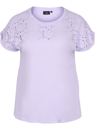 Loose t-shirt with embroidery anglaise, Lavender, Packshot image number 0