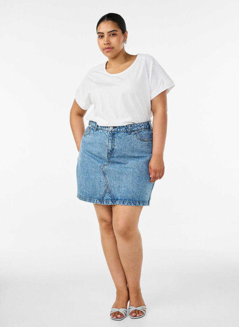 Cotton T-shirt with crochet detail, White, Model image number 1
