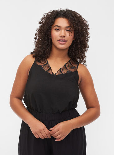 Top with v-neck and lace, Black, Model image number 0