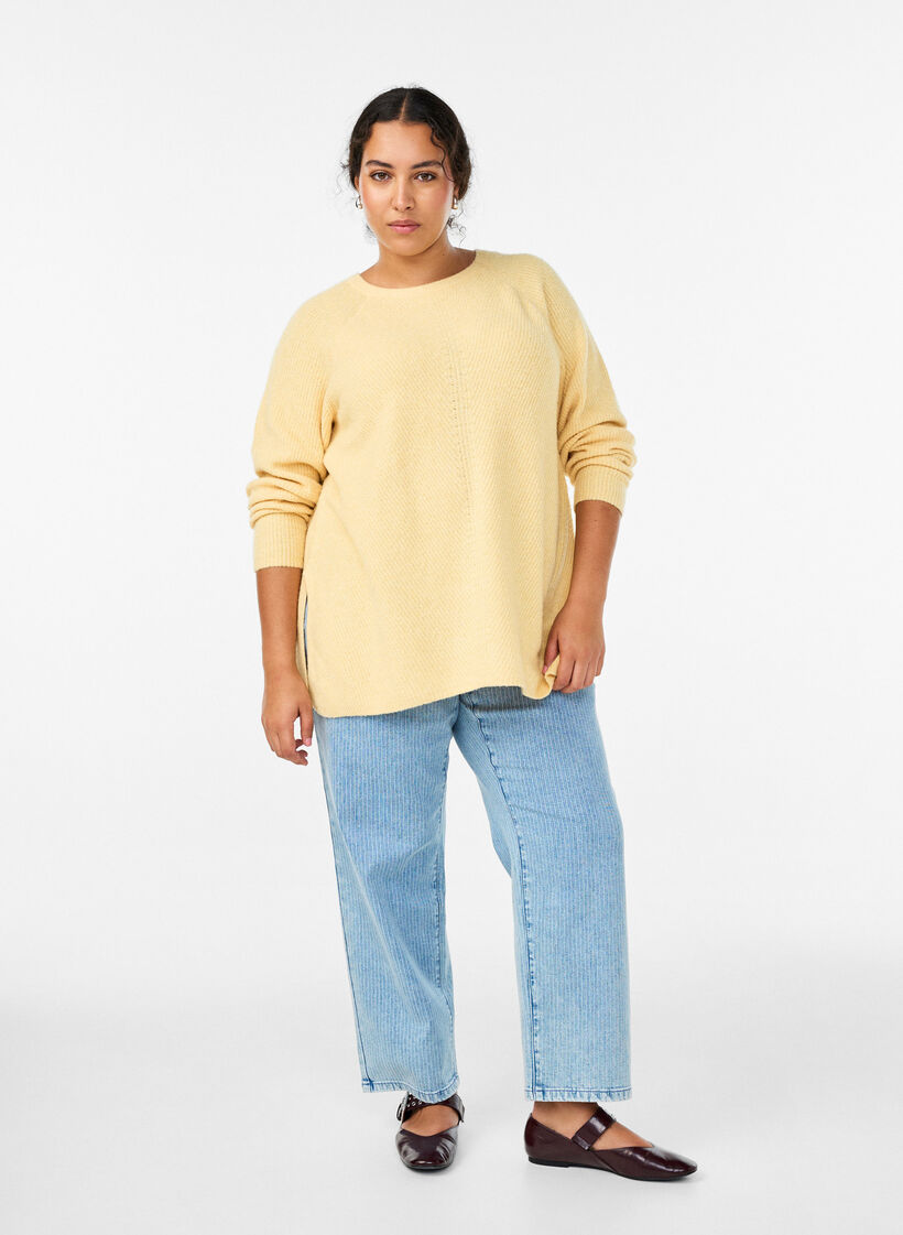 Knitted jumper with a diagonal pattern and raglan sleeves, Yellow, Model image number 1