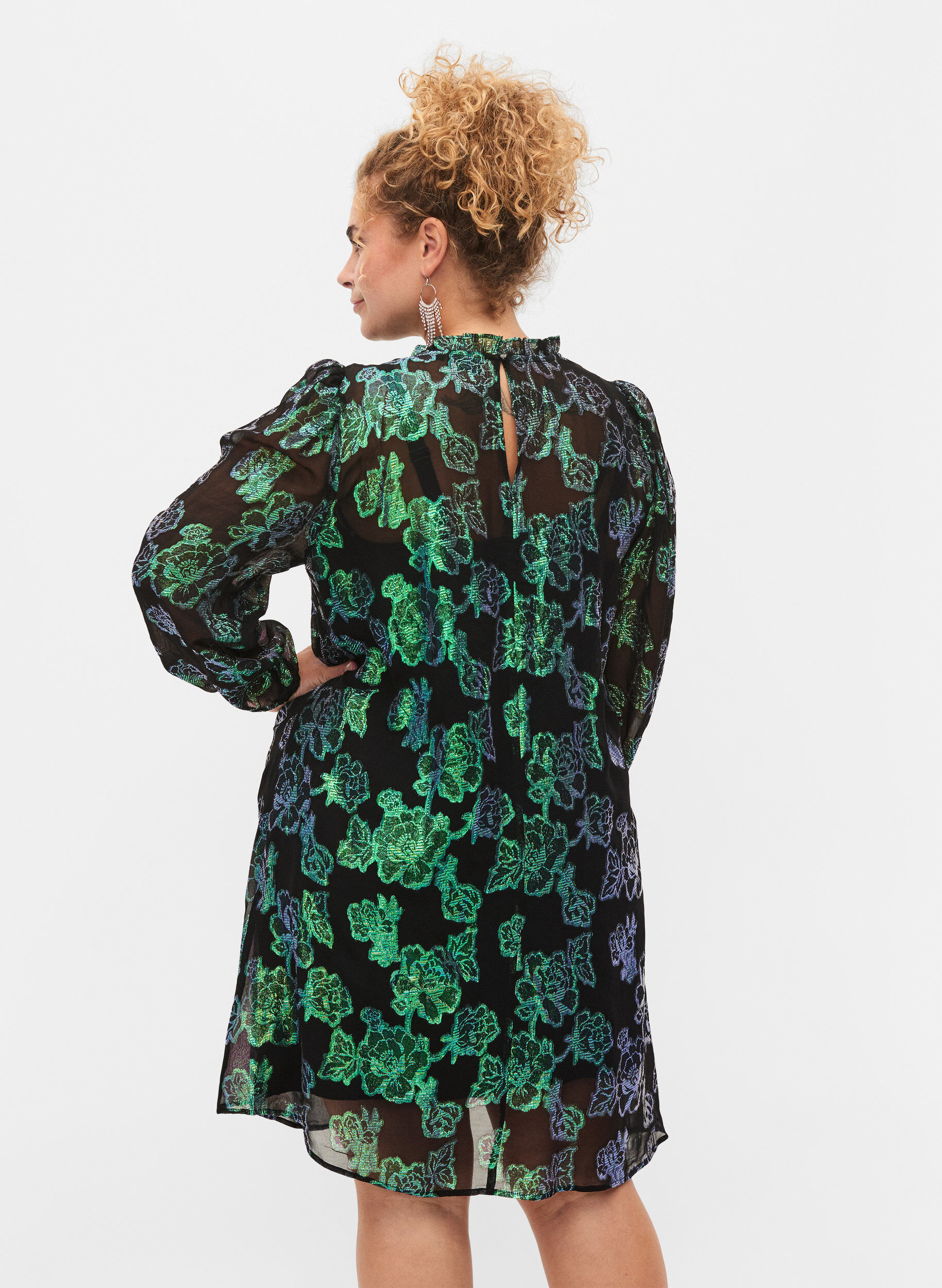 Zizzifashion Floral viscose dress with lurex structure, Black w. Green Lurex, Model image number 1