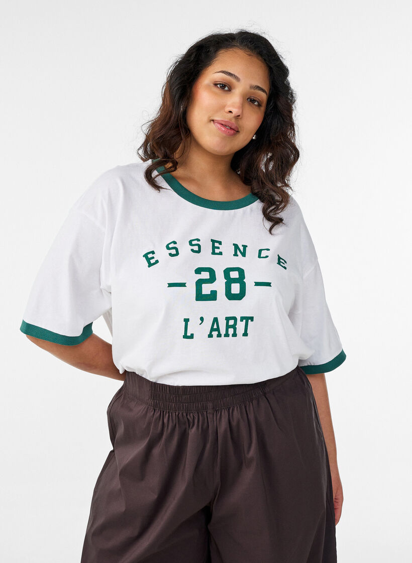 Cotton T-shirt with text print and boxy fit, White, Model image number 0