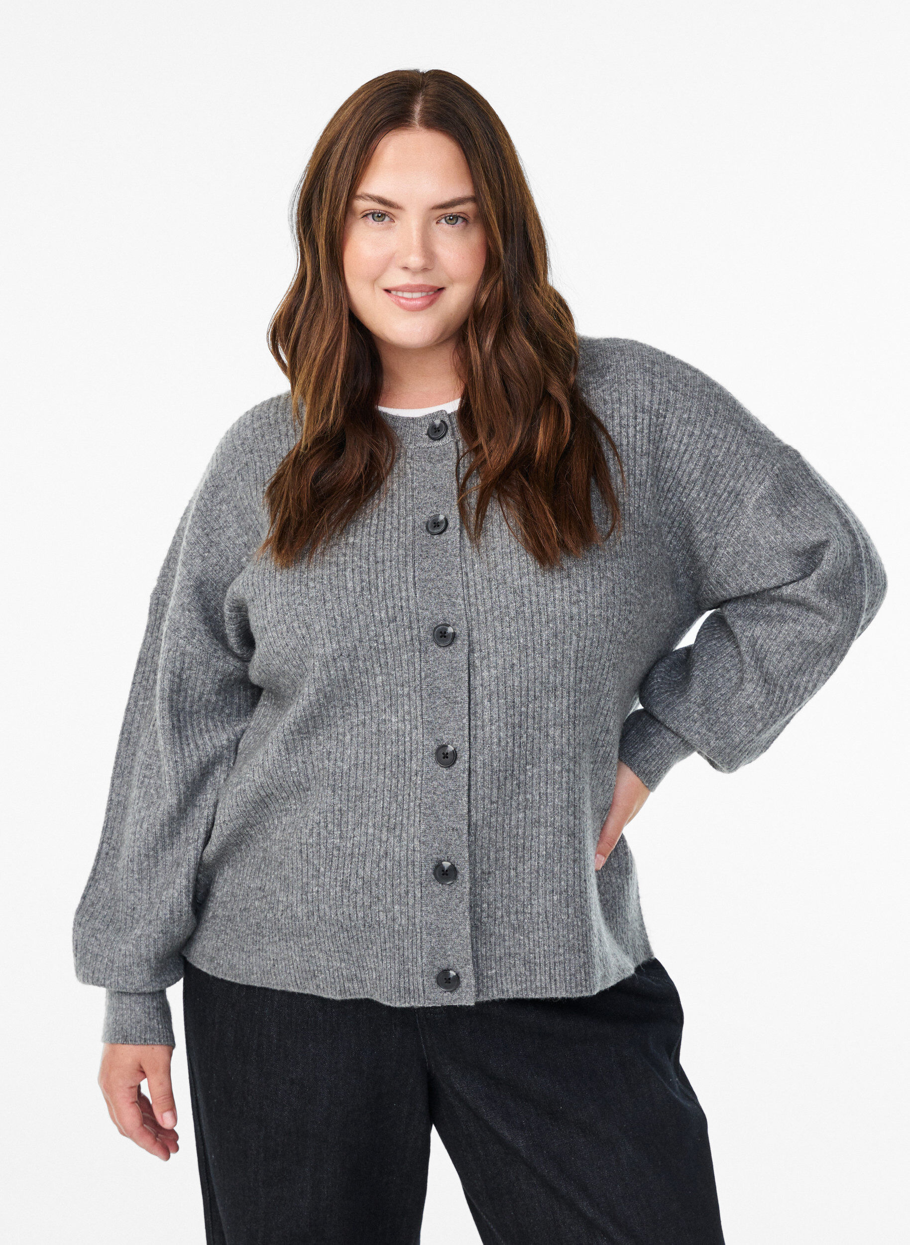 Rib knit cardigan with buttons, Grey, Model