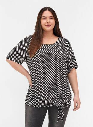 Short-sleeved viscose blouse with polka dots, Black w. White Dot, Model image number 0