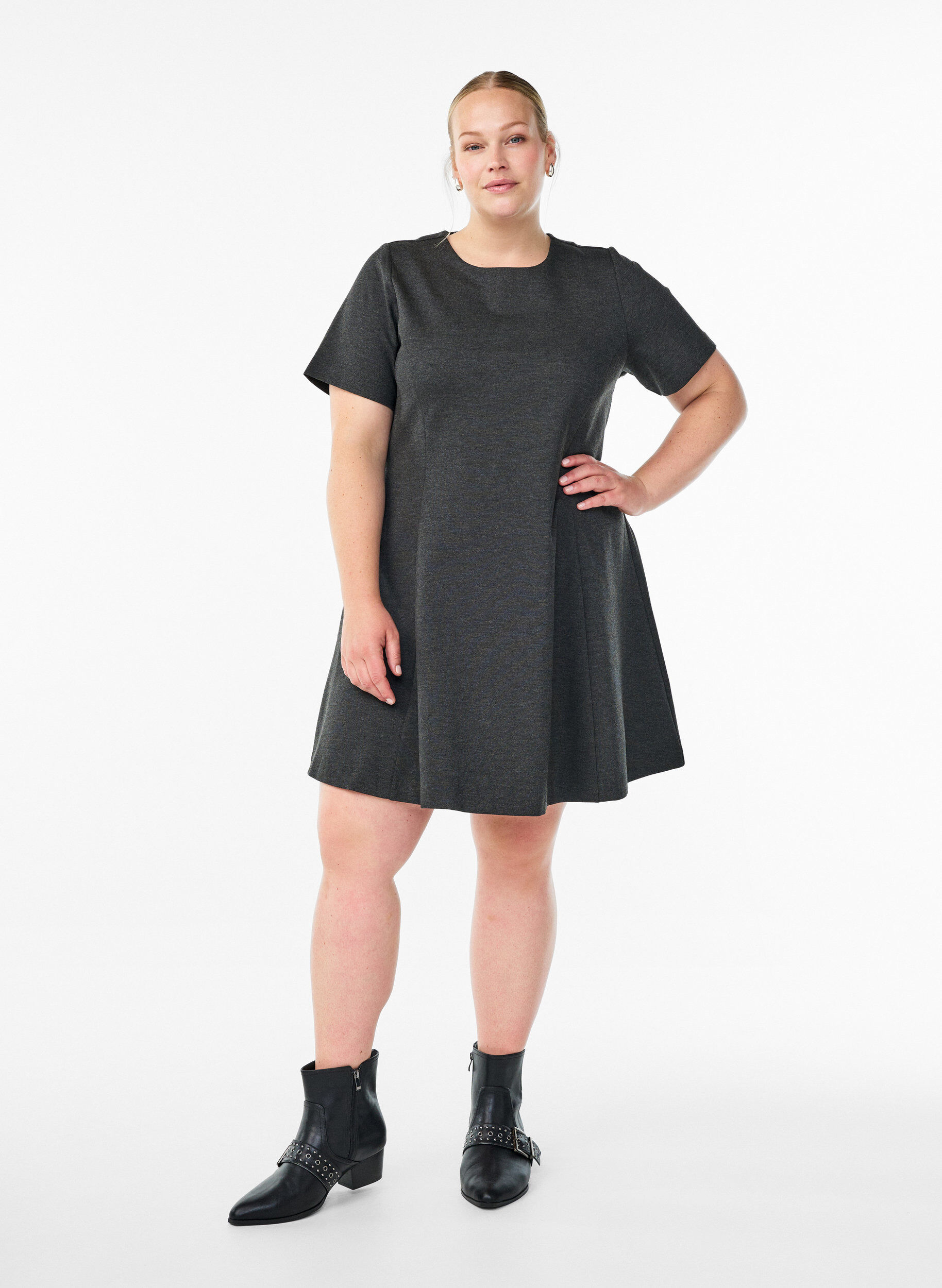 Zizzifashion Short A-line jersey dress, Dark Grey, Model image number 1
