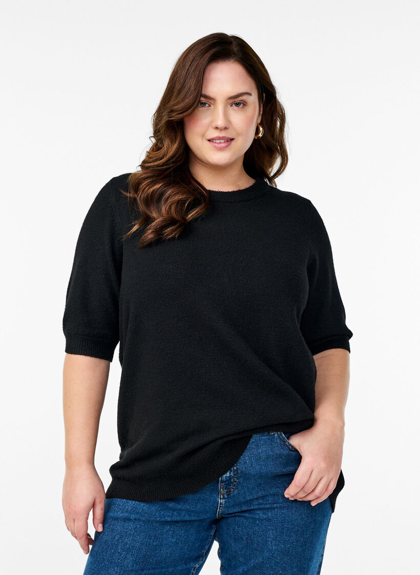 Knitted blouse with short sleeves, Black, Model image number 0