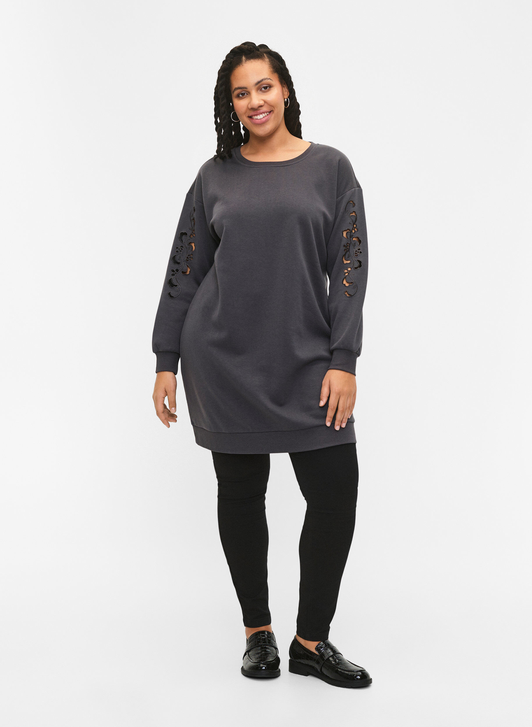 Zizzifashion Sweat dress with embroidered details, Dark Grey, Model image number 2