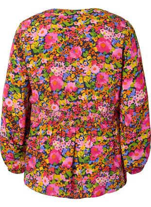 Viscose top with floral print and smock, Neon Flower Print, Packshot image number 1