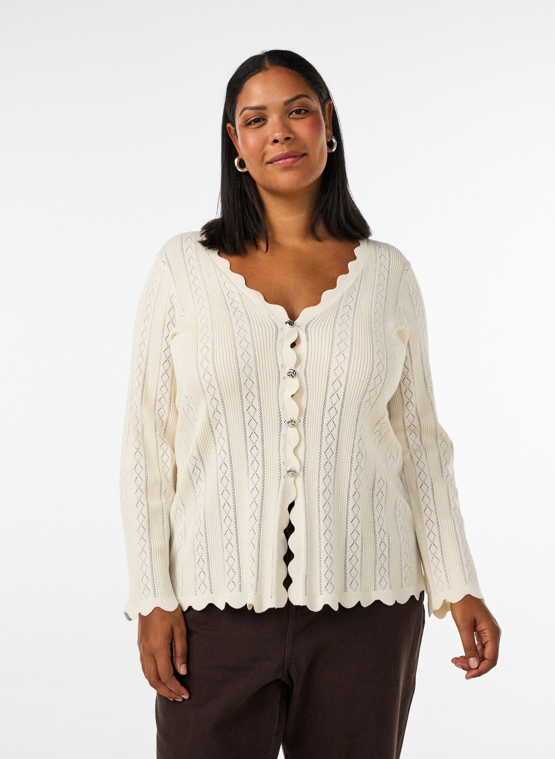 ZizzifashionCardigan with eyelet embroidery and wavy edges, Vanilla, Model image number 0