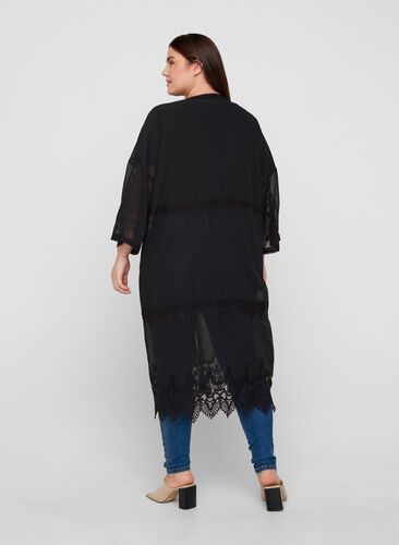 Long Kimono with 3/4 Sleeves and Embroidery, Black, Model image number 1