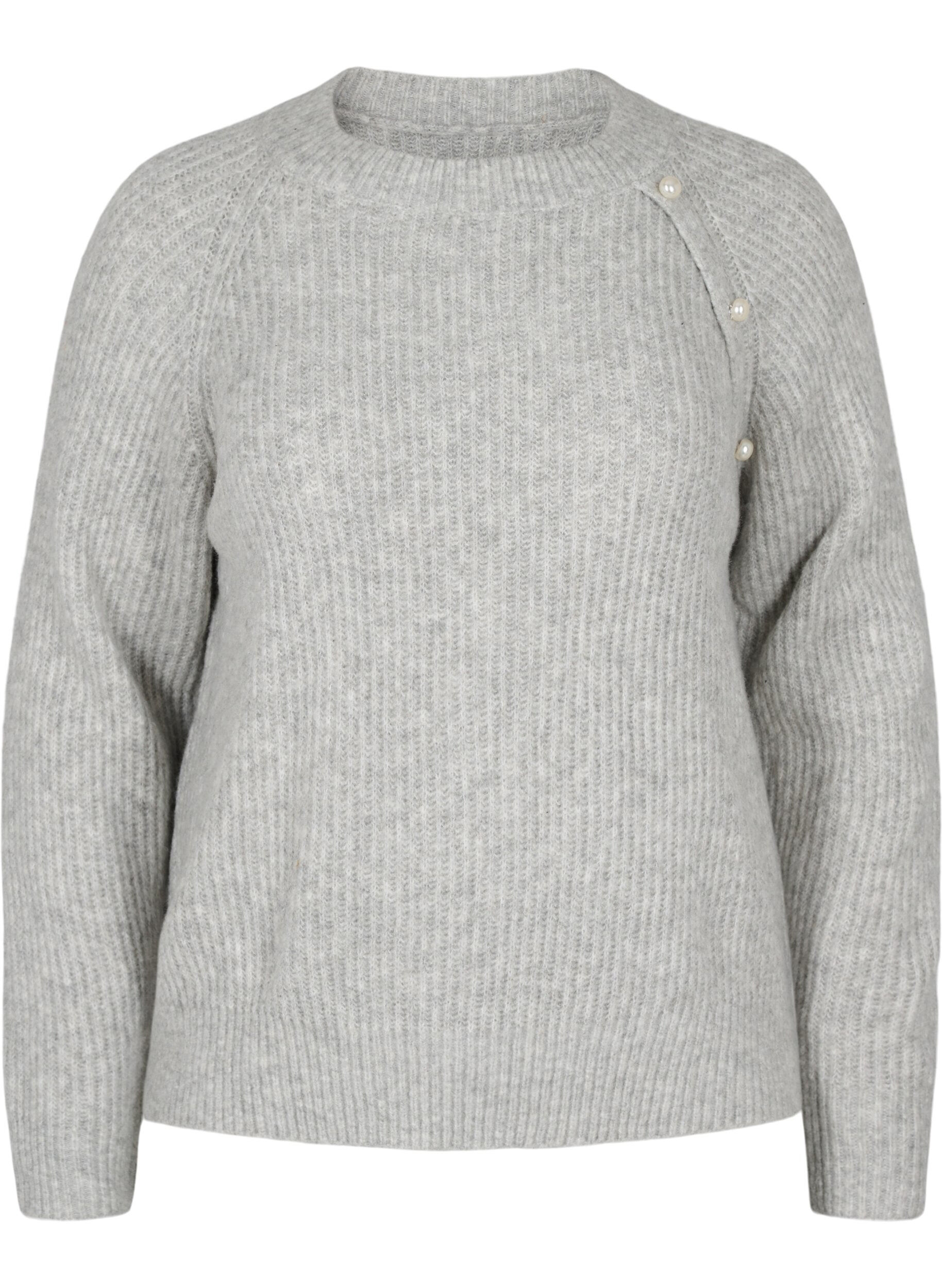 Zizzifashion Melange knit sweater with pearl buttons, Light Grey Melange, Packshot image number 0