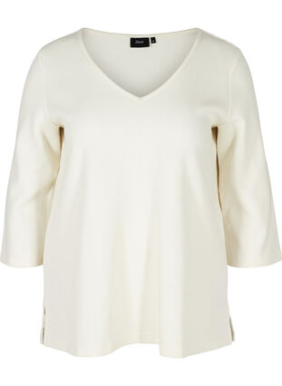 Cotton blouse with V-neck and 3/4 sleeves, Marshmallow, Packshot image number 0