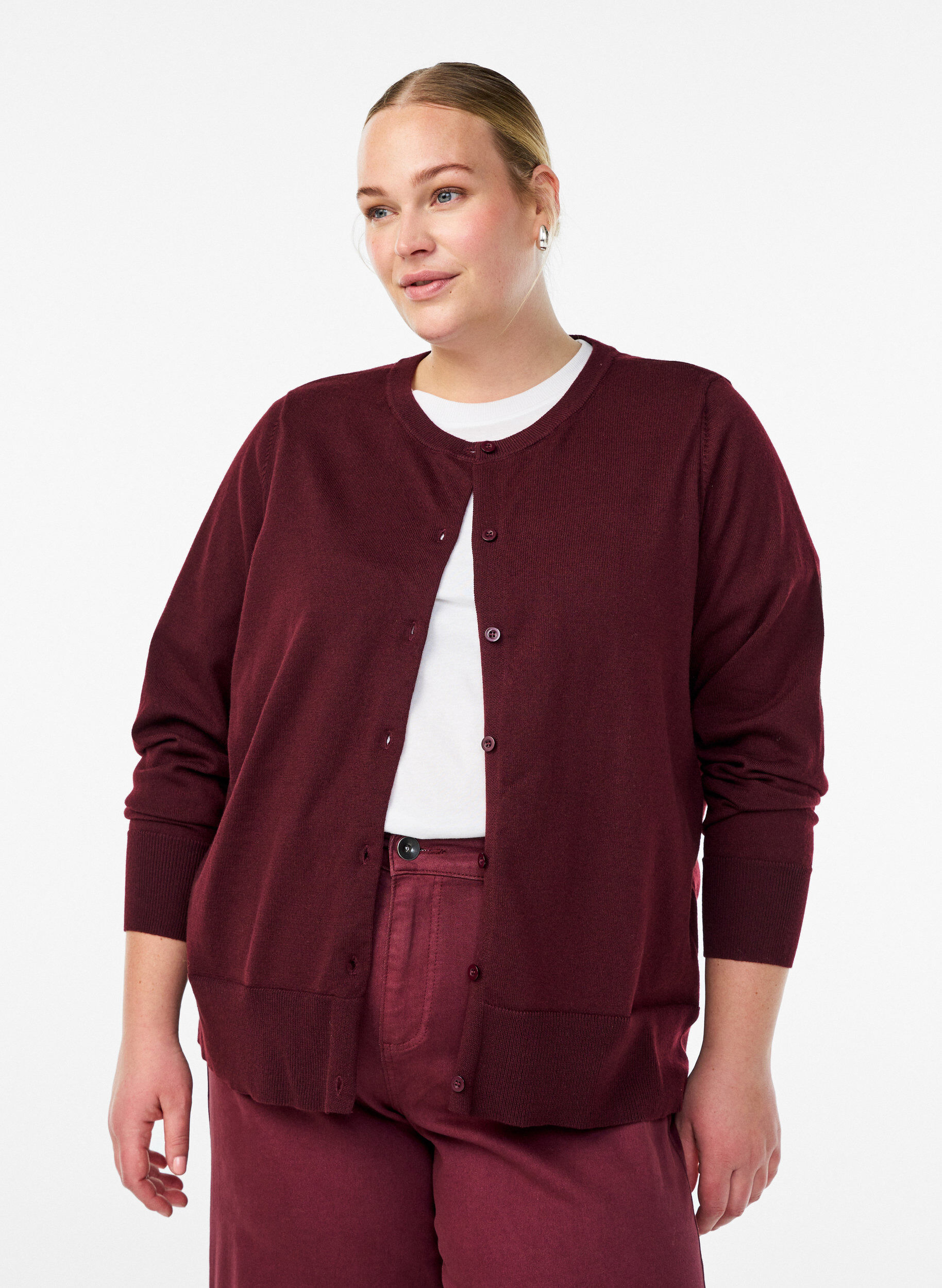 ZizzifashionFine-knit cardigan with round neck, Red, Model image number 0