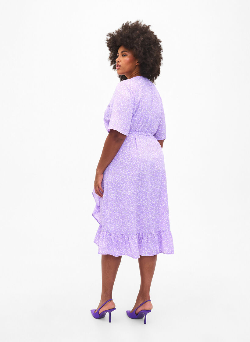 Printed wrap dress with short sleeves , Purple, Model image number 2