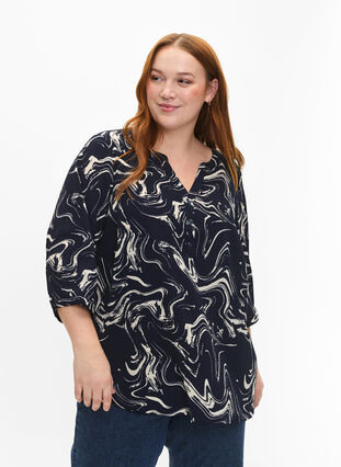 Floral blouse with 3/4 sleeves, N. Blazer Swirl AOP, Model image number 0