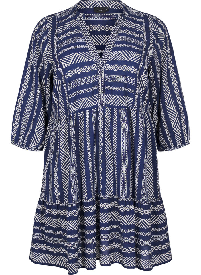 Short dress with graphic print and 3/4 sleeves, Blue, Packshot image number 0