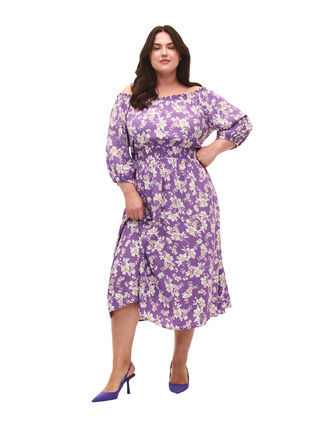 Floral off-shoulder midi dress in viscose, Purple Flower AOP, Model image number 2
