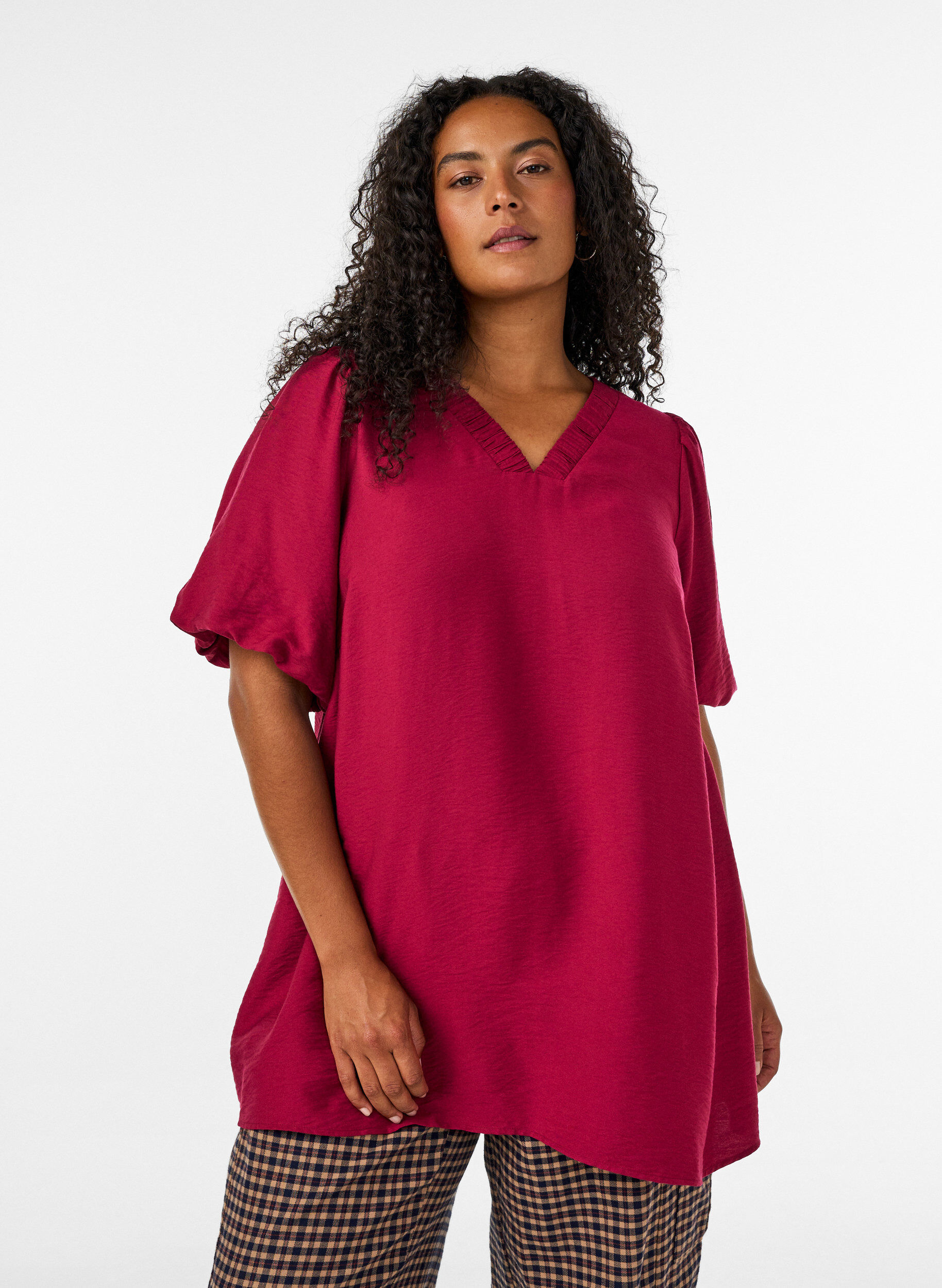 ZizzifashionTunic with balloon sleeves and a V-neck, Red, Model image number 0