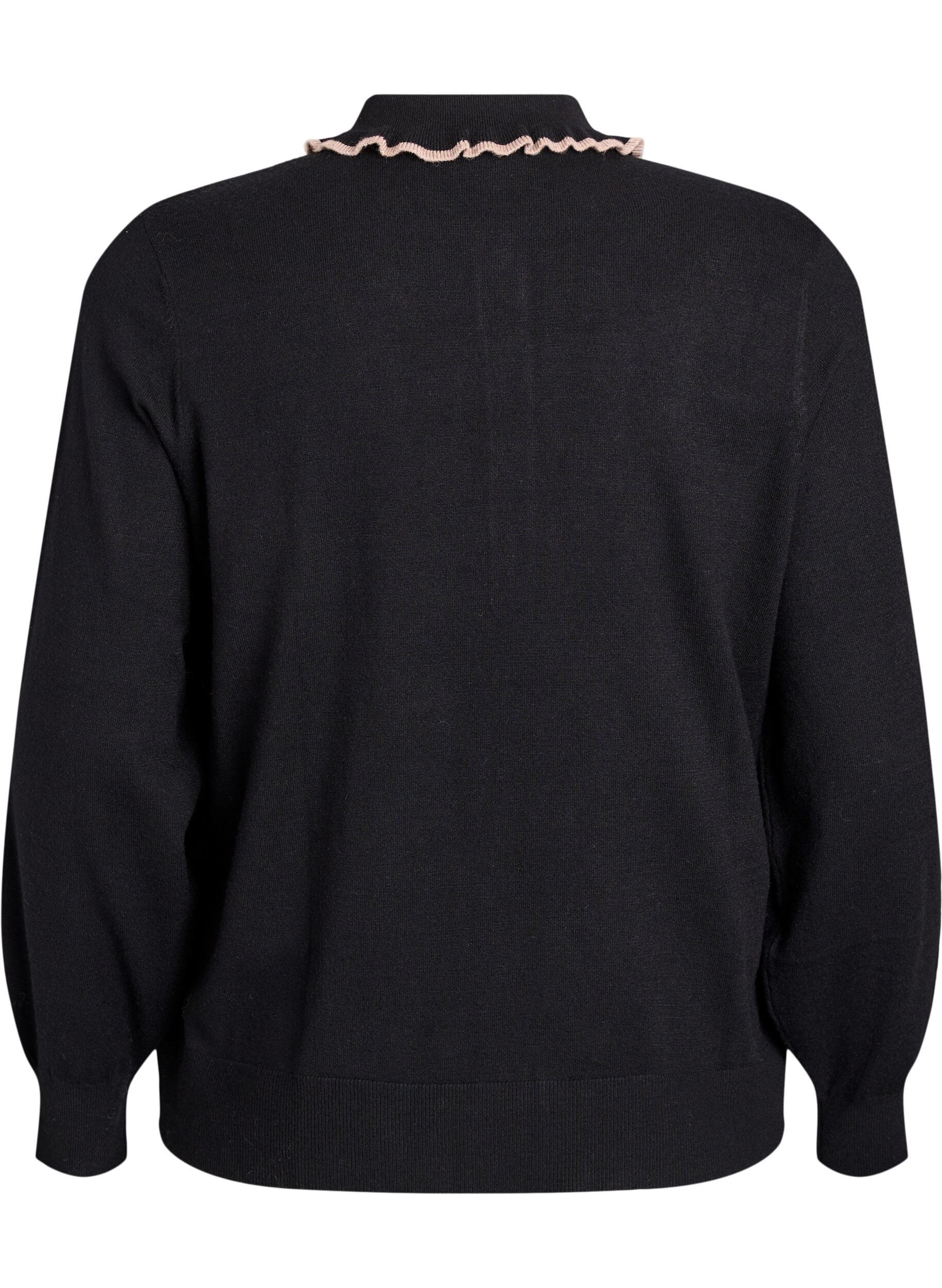 Zizzifashion Knitted blouse with a ruffled polo collar, Black, Packshot image number 1