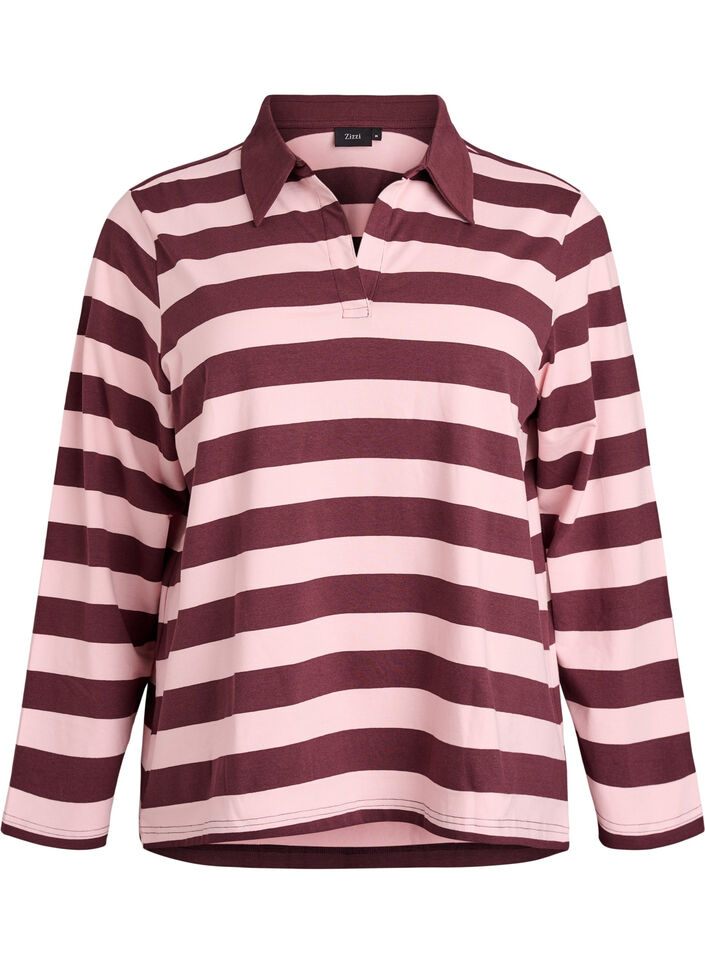 Long-sleeved polo shirt with wide stripes, Brown, Packshot image number 0