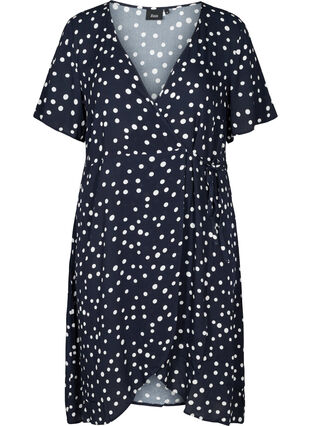 Short-sleeved, viscose wrap dress with dots, Night Sky Dot, Packshot image number 0