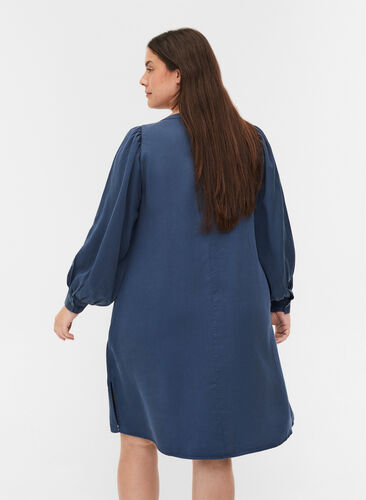 Dress with long puff sleeves, Dark blue denim, Model image number 1