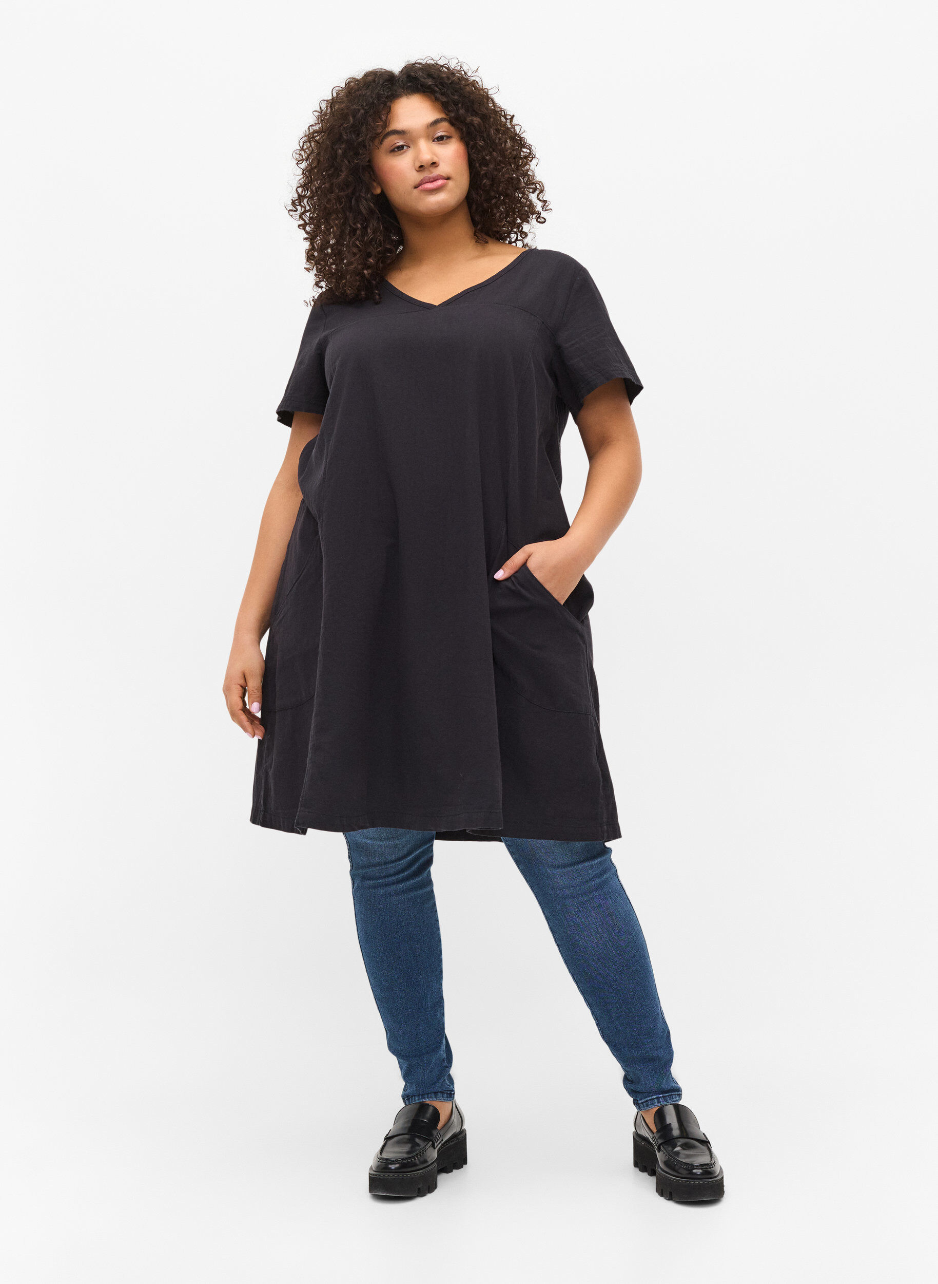 ZizzifashionShort-sleeved cotton dress, Black, Model image number 1