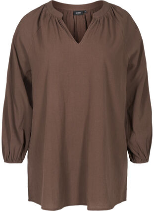Short cotton tunic with a V-neck, Brown, Packshot image number 0