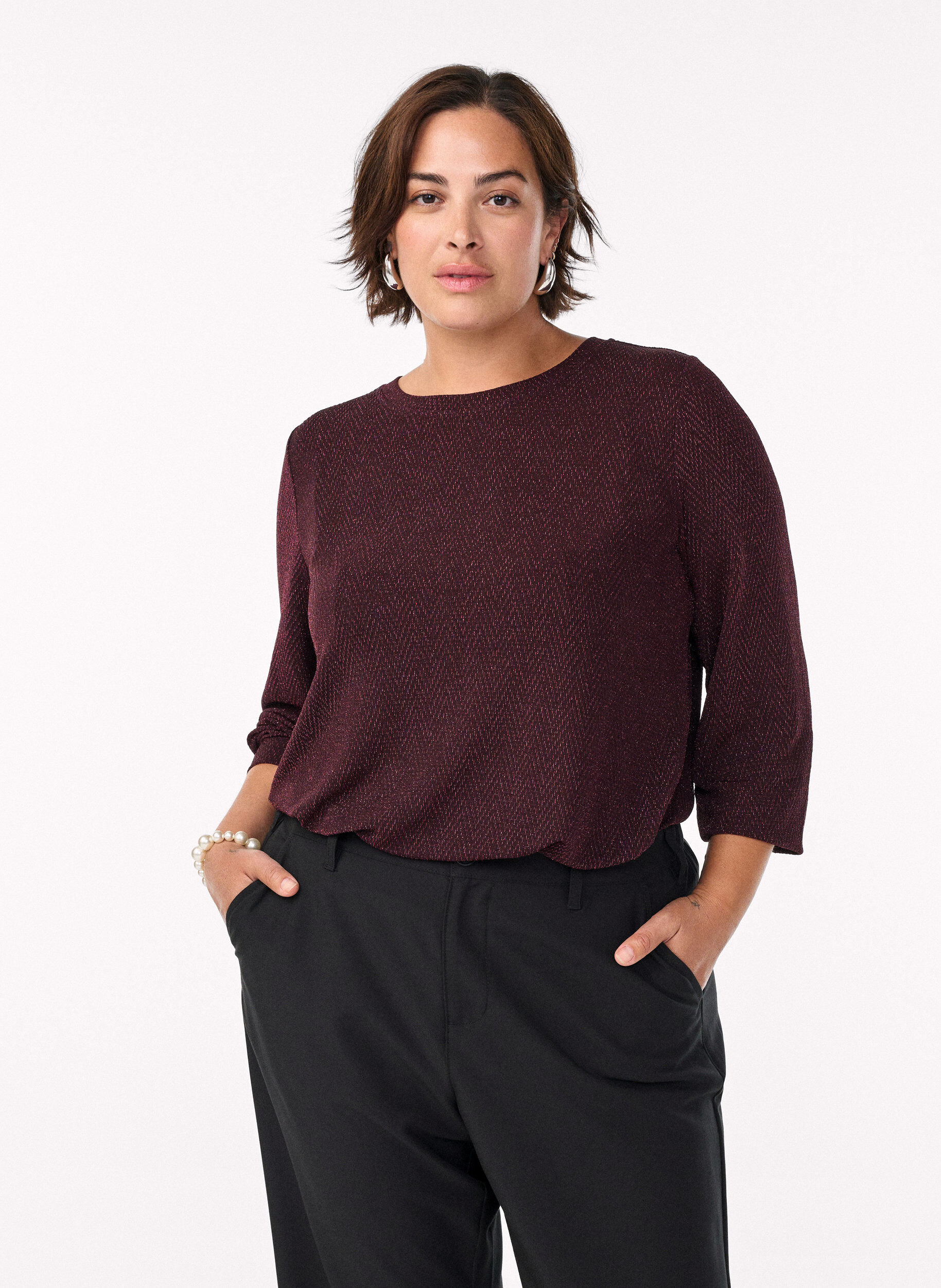 Blouse with herringbone pattern and glitter thread, Dark Bordeaux, Model
