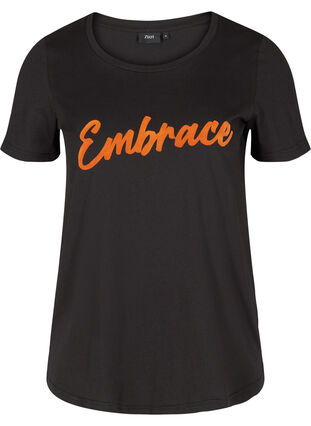 Short-sleeved cotton t-shirt with print, Black Embrace, Packshot image number 0