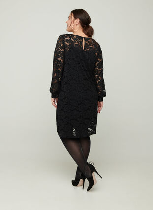 Long-sleeved lace dress with a round neck, Black, Model image number 1