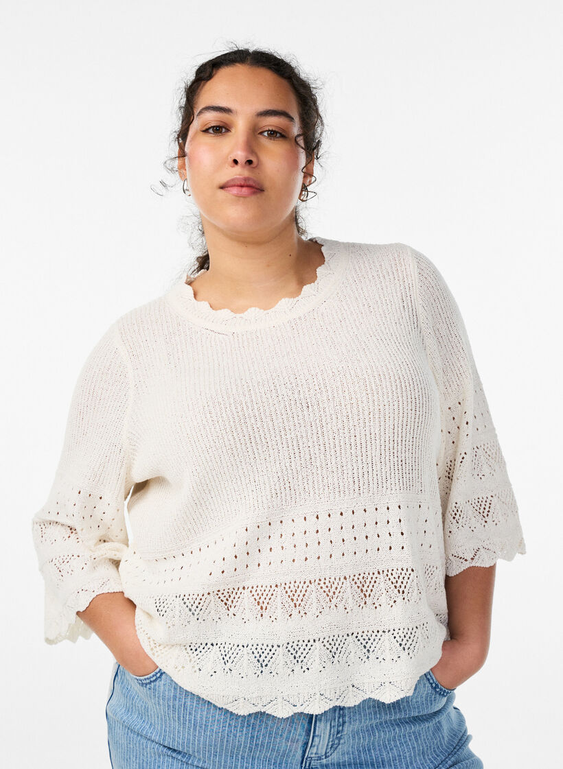 Knitted blouse with eyelet embroidery and 1/2 sleeves, Vanilla, Model image number 0