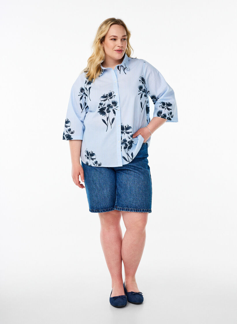 Striped shirt with floral print and 3/4 sleeves, Light Blue, Model image number 1