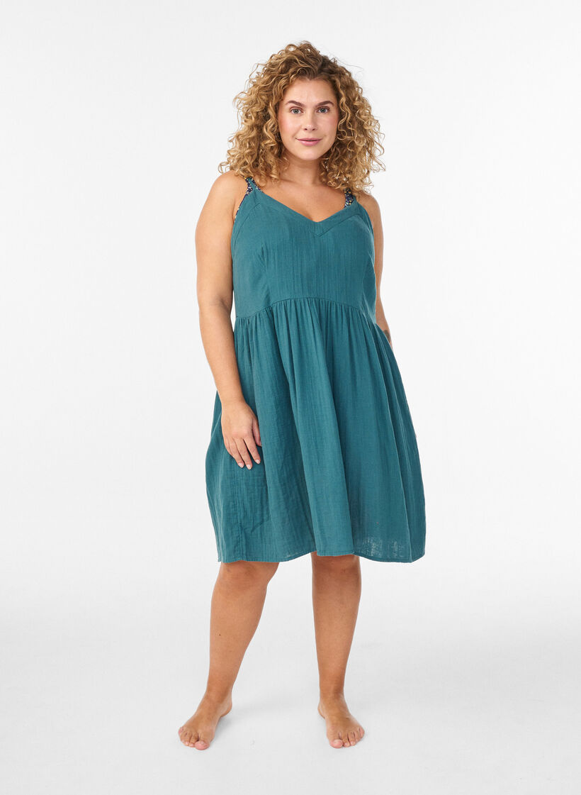 Cotton beach dress with narrow straps, Green, Model image number 1