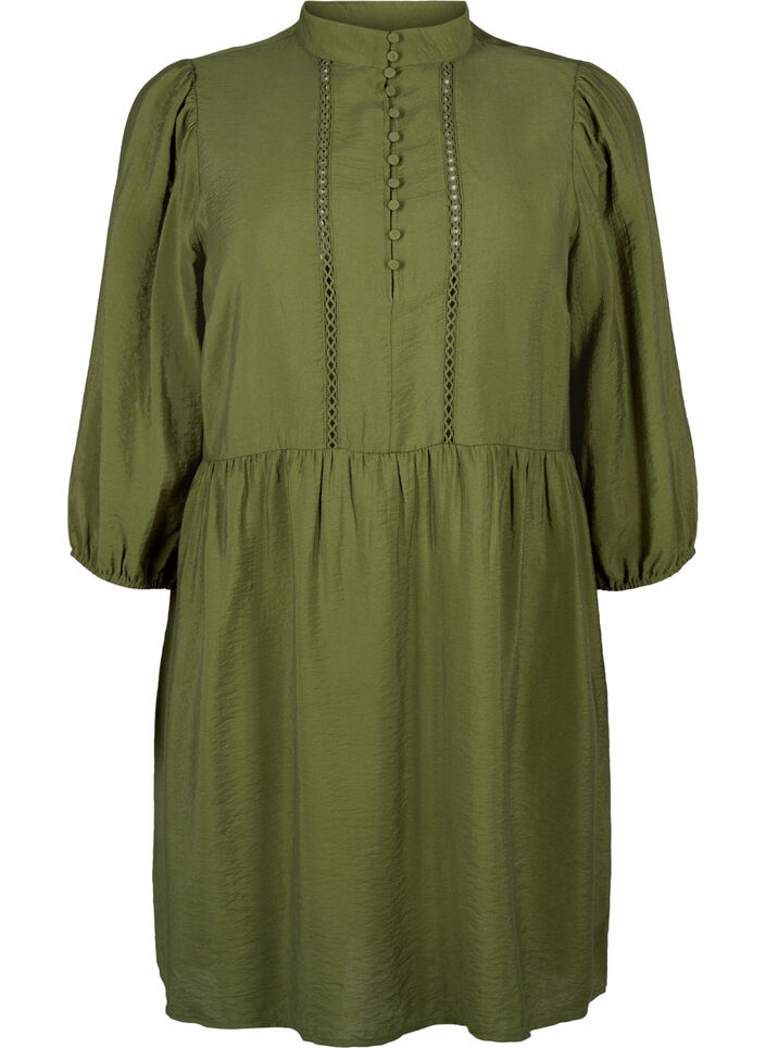 Knee-length dress with embroidery and 3/4 sleeves, Winter Moss, Packshot image number 0