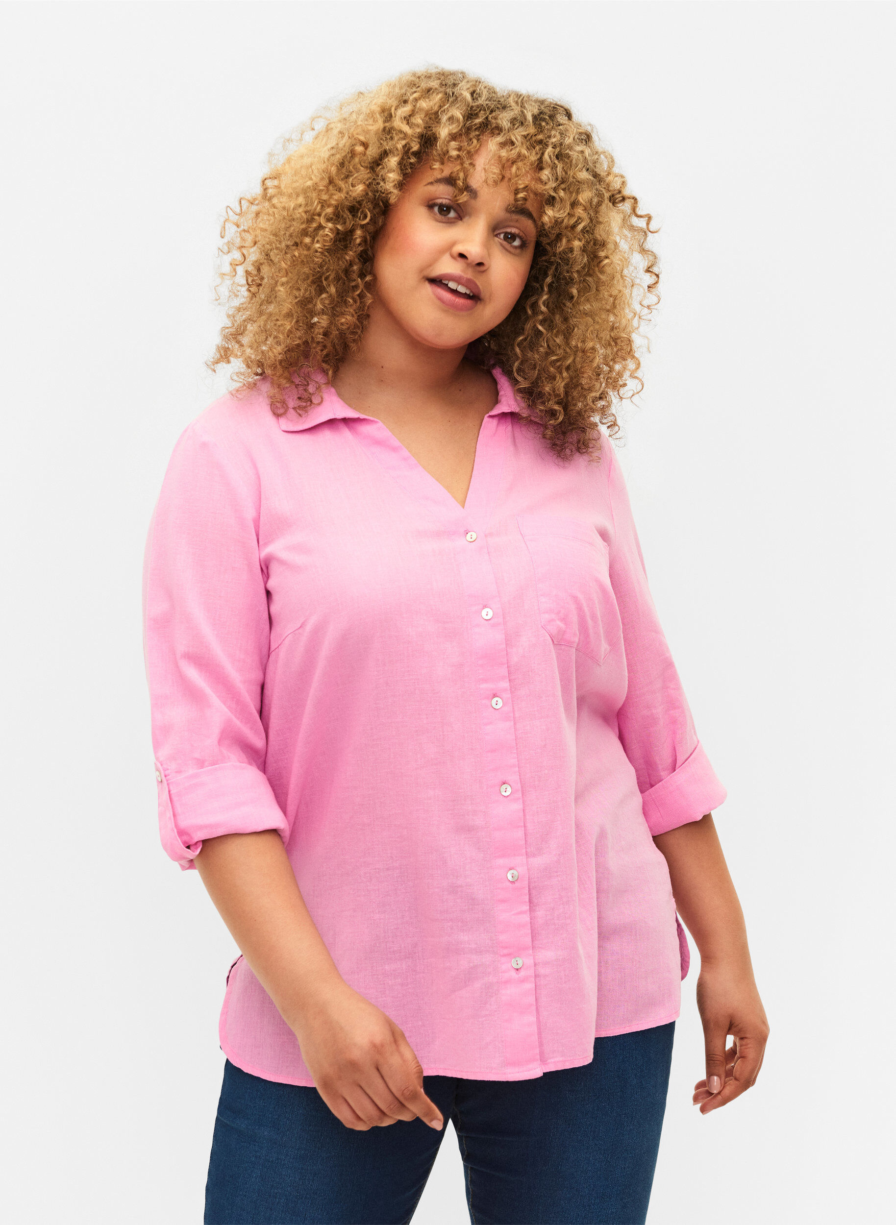 Zizzifashion Shirt blouse with button closure in cotton-linen blend, Begonia Pink, Model image number 0
