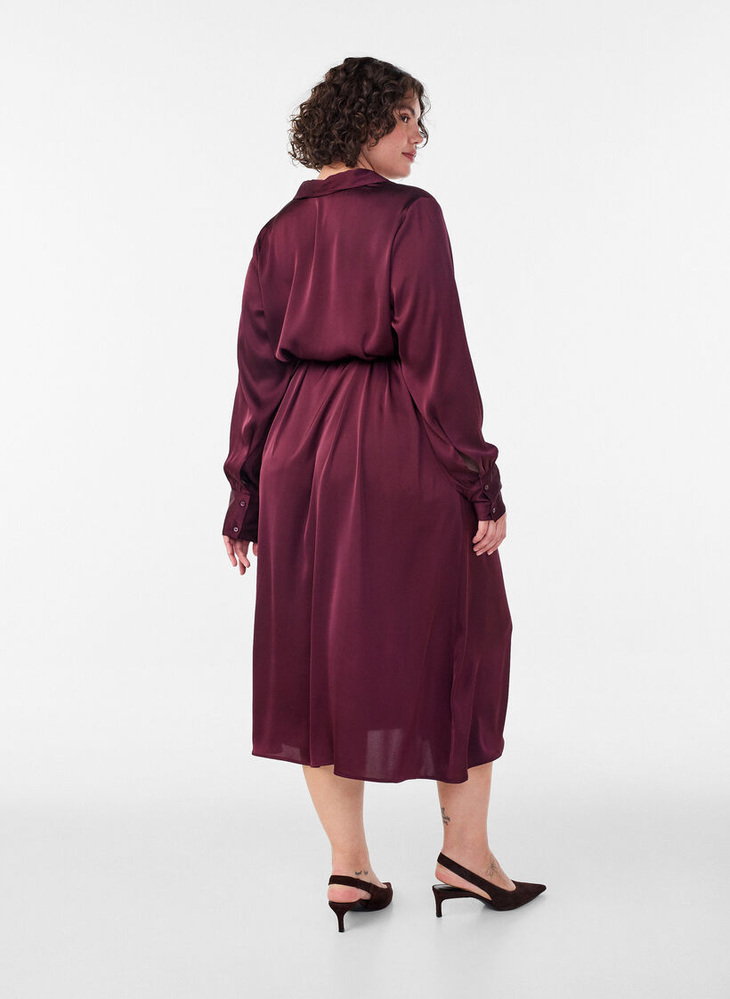 Satin shirt dress with a tie-belt, Red, Model image number 2
