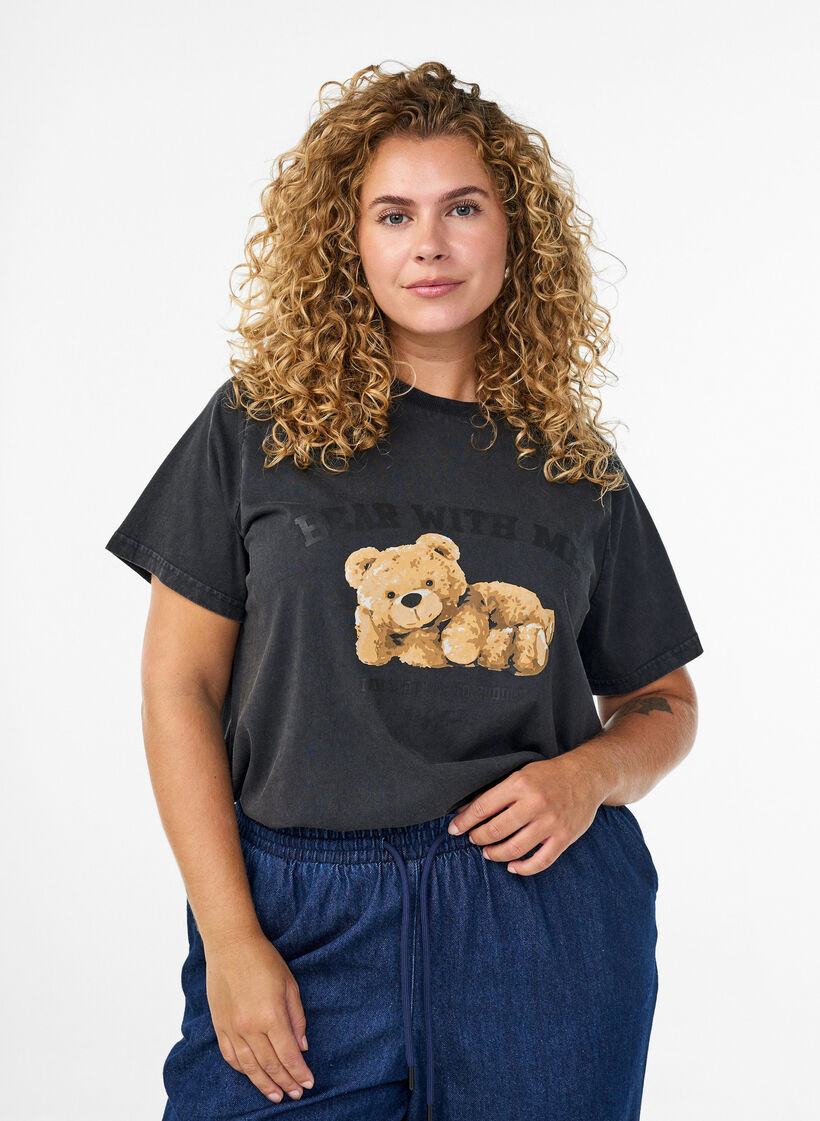 T-shirt with teddy bear print and washed look, Grey, Model image number 0