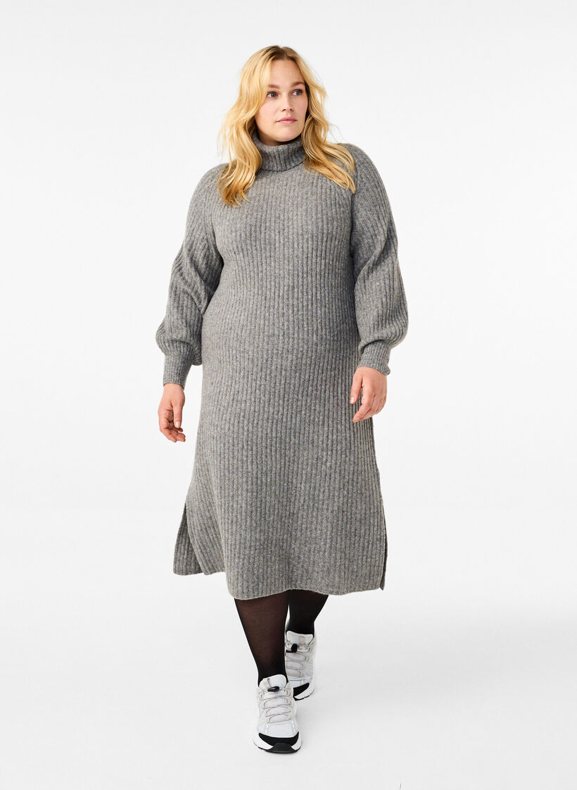 Long knit dress with turtleneck, Medium Grey Mel., Model image number 0