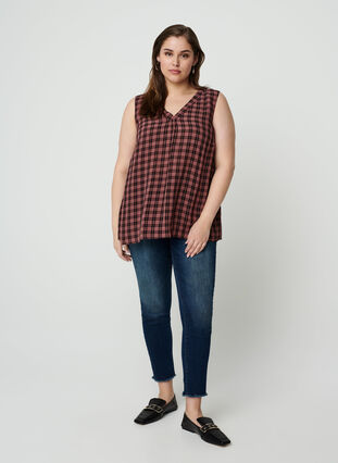 Checked viscose top with a V-neck, Rose Brown CHECK , Model image number 2