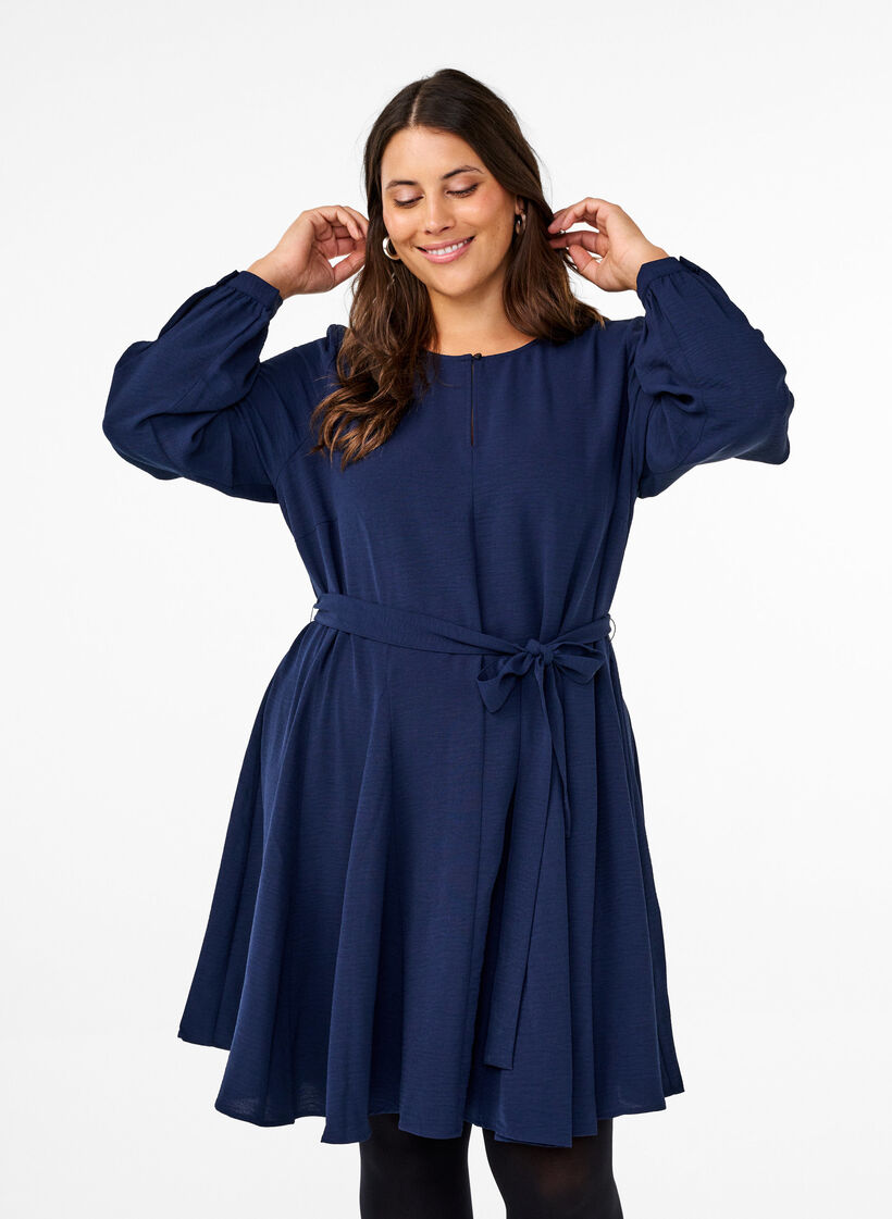 Long-sleeved dress with a tie belt, Navy Blazer, Model image number 0