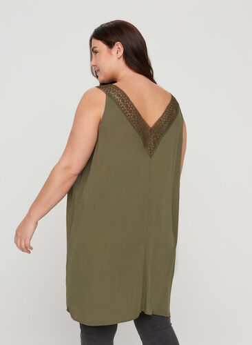 Sleeveless viscose tunic with lace, Ivy Green, Model image number 1