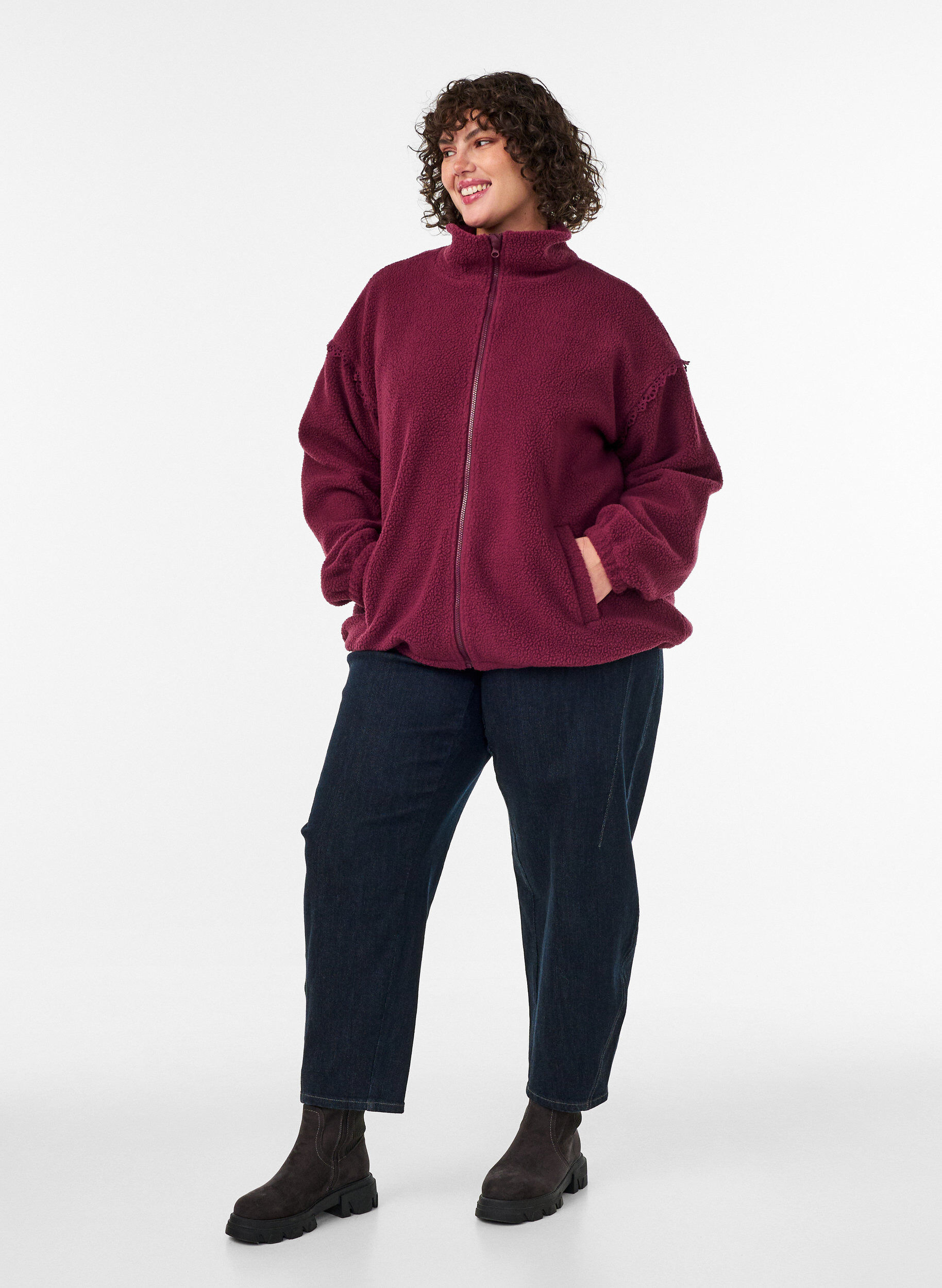 ZizzifashionTeddy jacket with eyelet embroidery trim and high collar, Red, Model image number 1