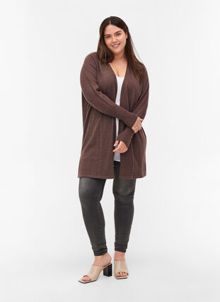 Knit cardigan with slits and rib, Coffee Bean Mel., Model image number 2