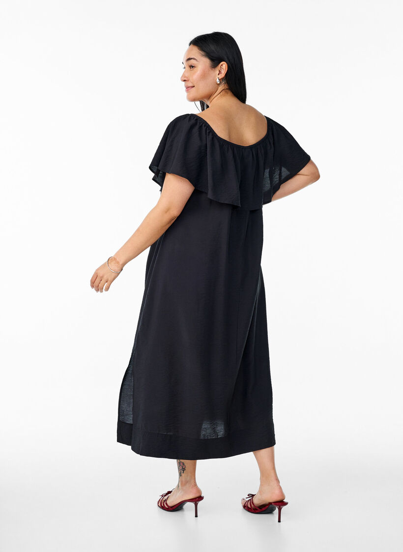 Midi-length dress with ruffled hem and slit, Black, Model image number 1