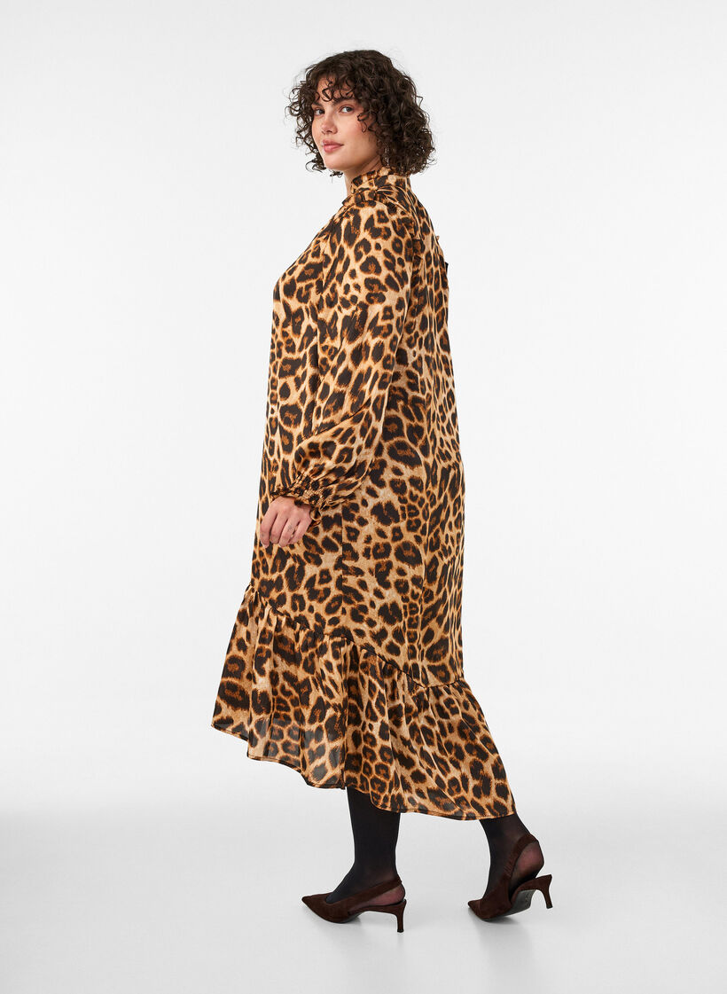 Dress with leopard print and ruffle details, Brown, Model image number 1